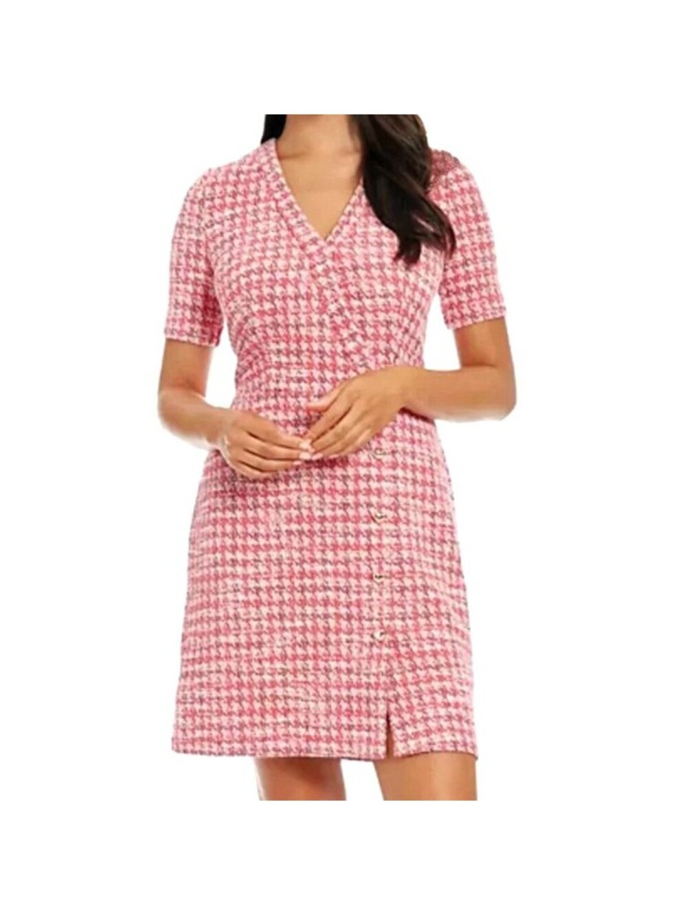 London Times T7764M Pink Houndstooth Short Faux Wrap Dress V-Neck Tweed Size 12
